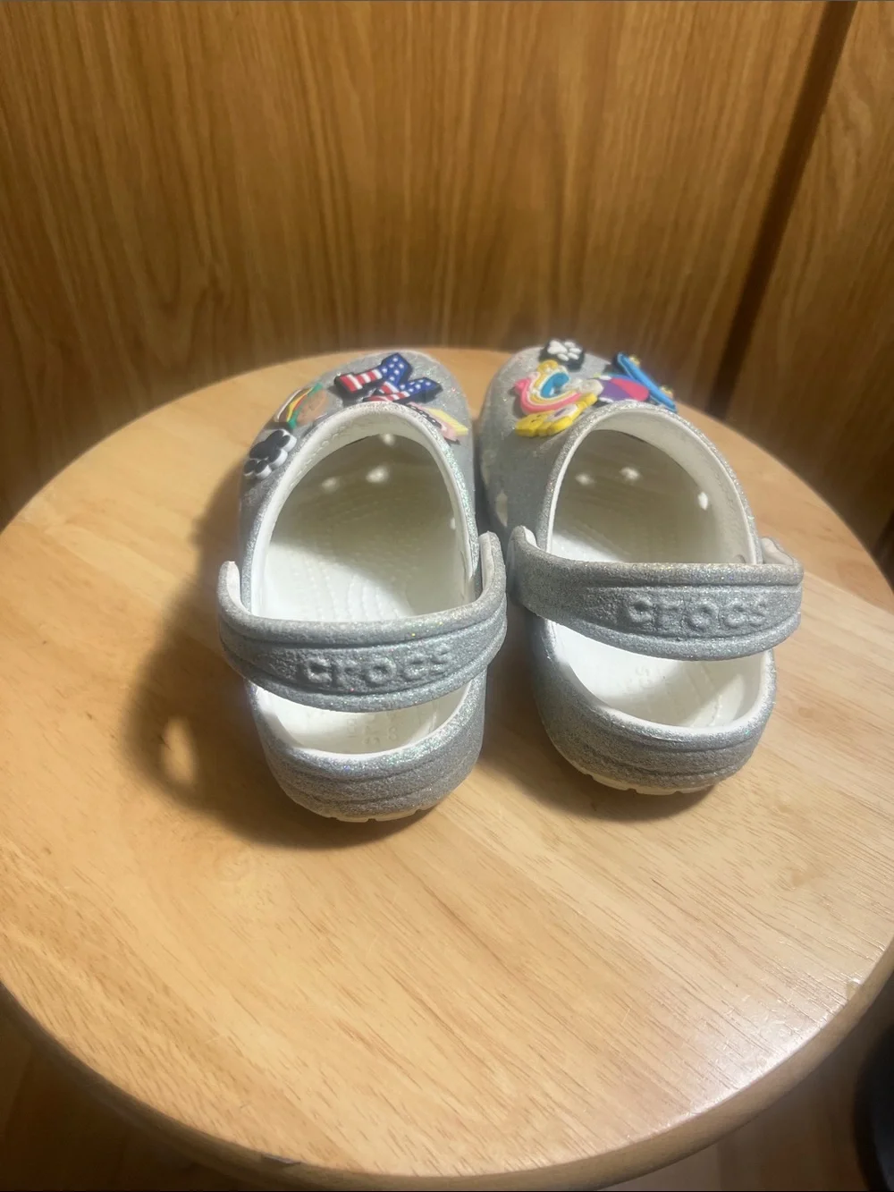 CROCS Kids Glittery Silver Clog Sandals with Colorful Jibbitz Charms
